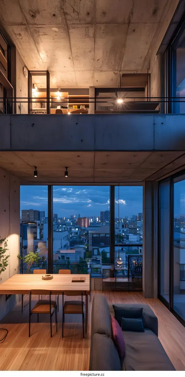 Modern Living Room with Concrete Ceiling and City View