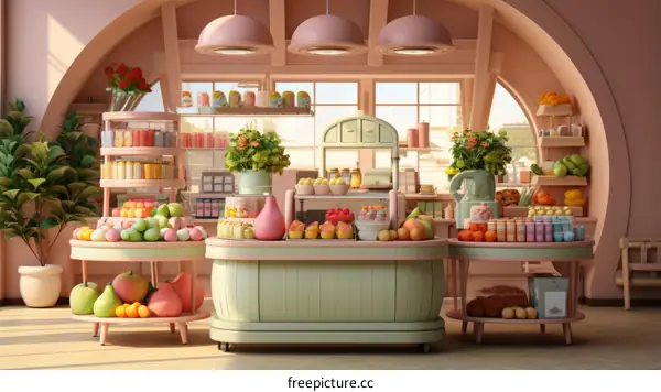 Small Pink and Green Grocery Store Interior