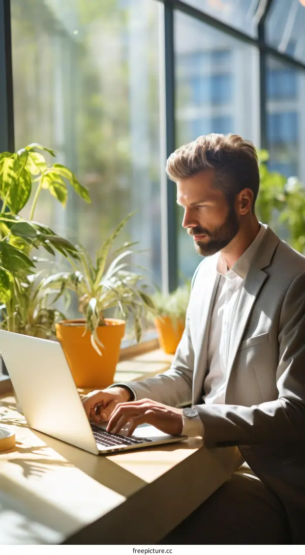 Focused young businessman working on laptop in cafe