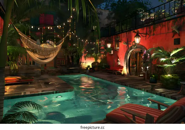 Tropical Backyard Oasis with Swimming Pool and Hammock