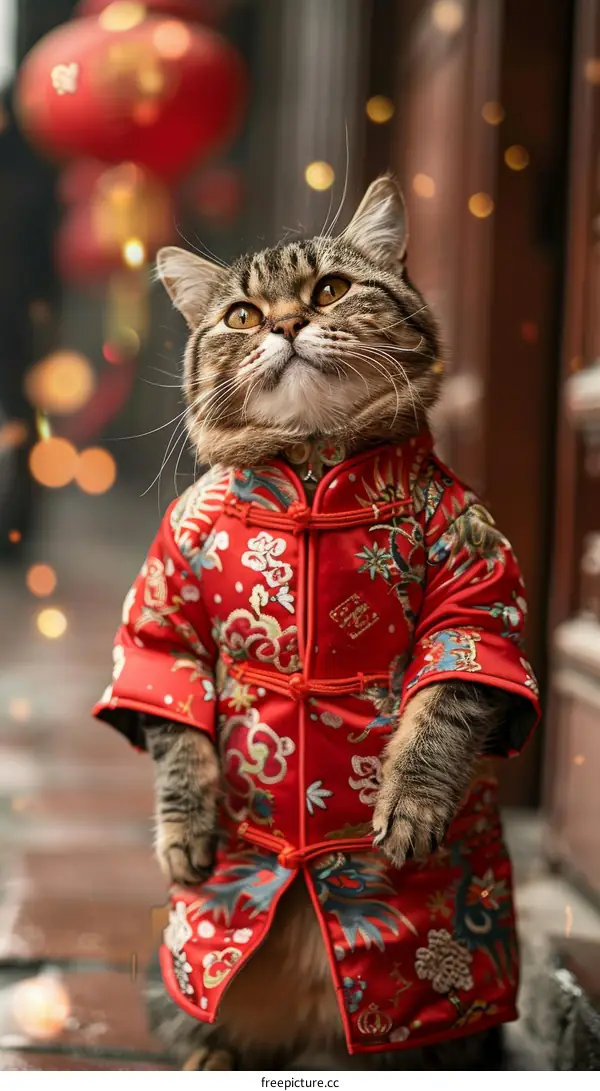 A cat wearing a red Chinese traditional jacket stands on its hind legs