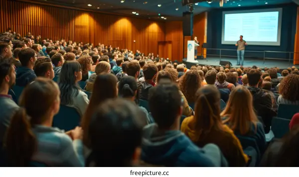 Large group of students in a college lecture hall listening to a professor give a lecture.