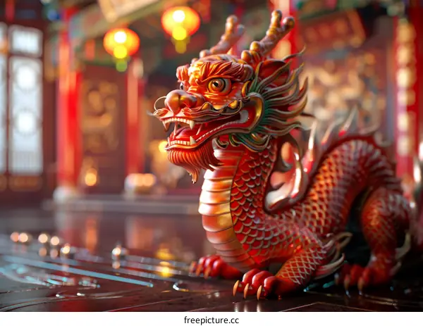 Statues of Chinese Dragons in a Temple