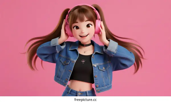 Cute Young Girl with Pink Headphones and Denim Jacket