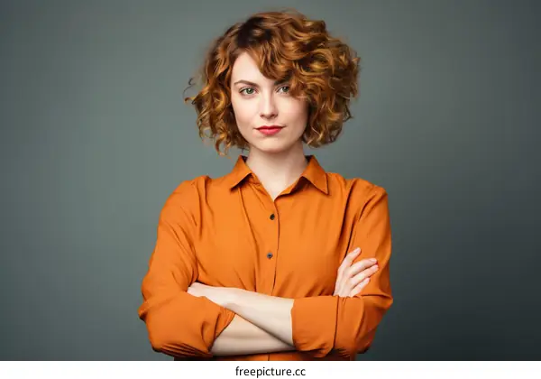 redhead woman in orange blouse