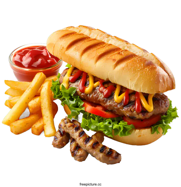 [Transparent Background PNG]A delicious and healthy meal of grilled meat, fresh vegetables, and crispy fries, served with ketchup and mustard.