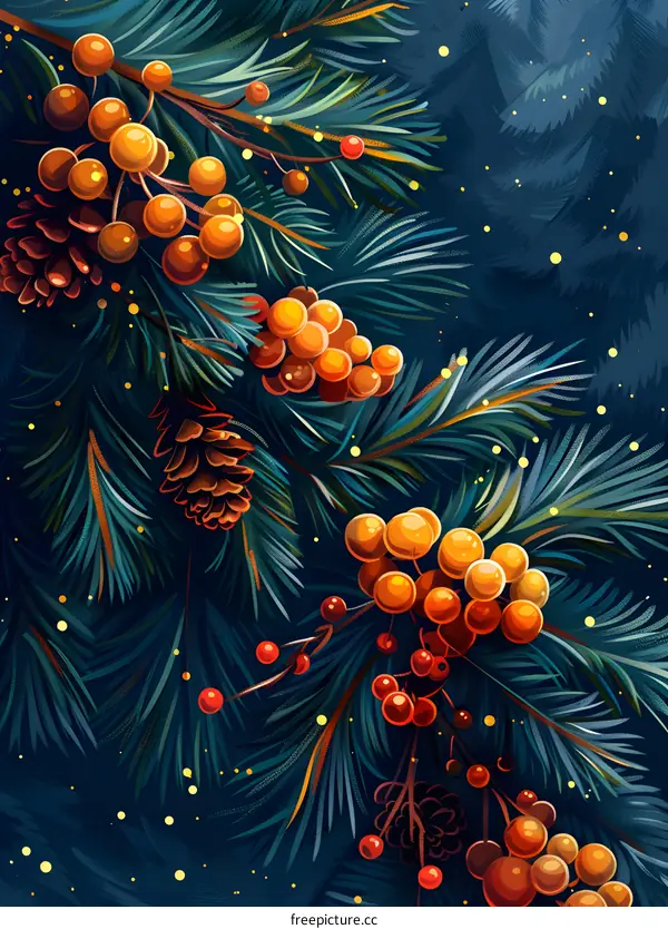 Holly berries and pine cones on a holly branch