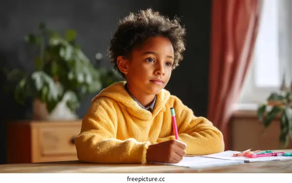 Focused Child Concentrating on Homework
