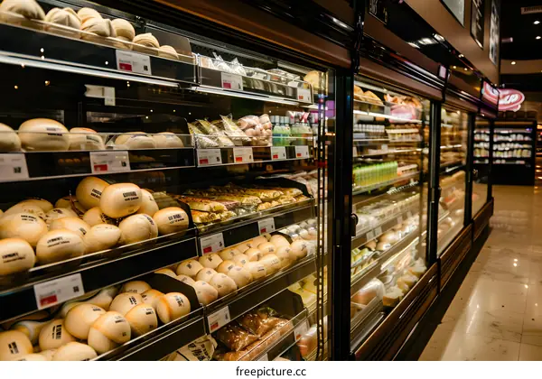 Closeup Of Display Case Filled With Freshly Baked Bread In A Bakery Store