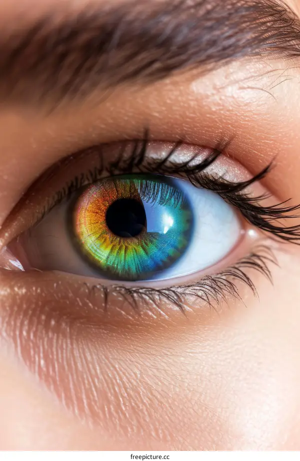 Close-up of a woman's eye with a rainbow-colored iris