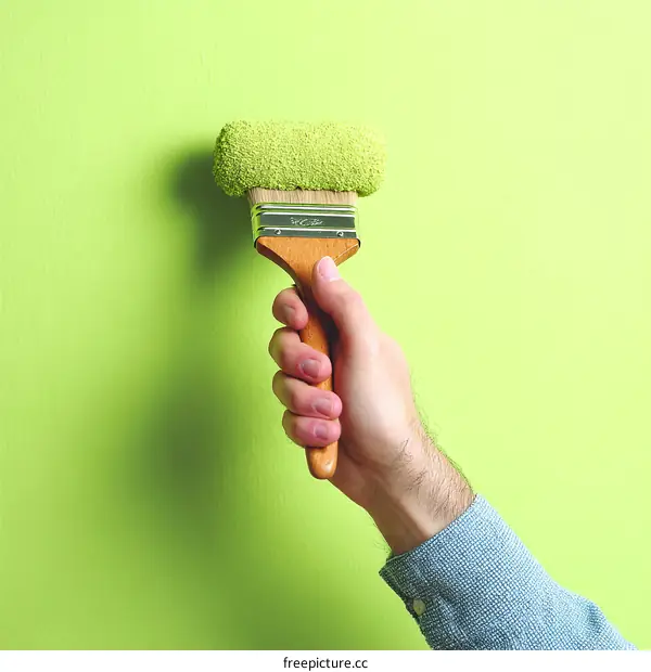 Painting a lime green wall with a paint roller