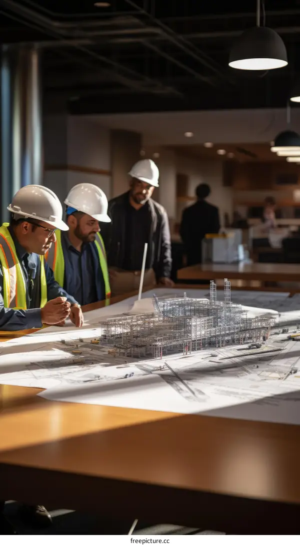 Three engineers in hard hats looking at a model of an oil refinery