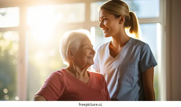 Smiling elderly woman and nurse