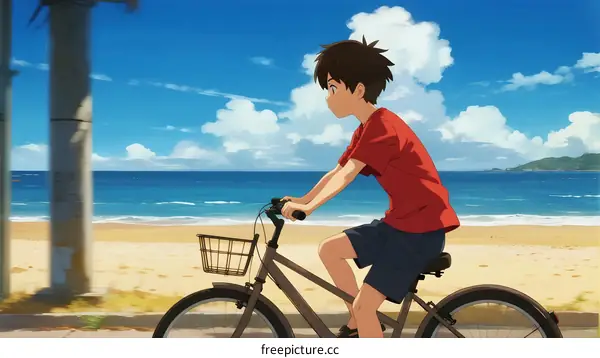 A Young Boy Cycling Along a Scenic Beachside Path