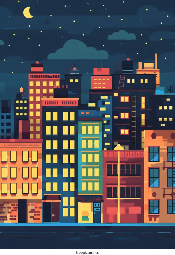 Night Cityscape Illustration With Buildings And Stars