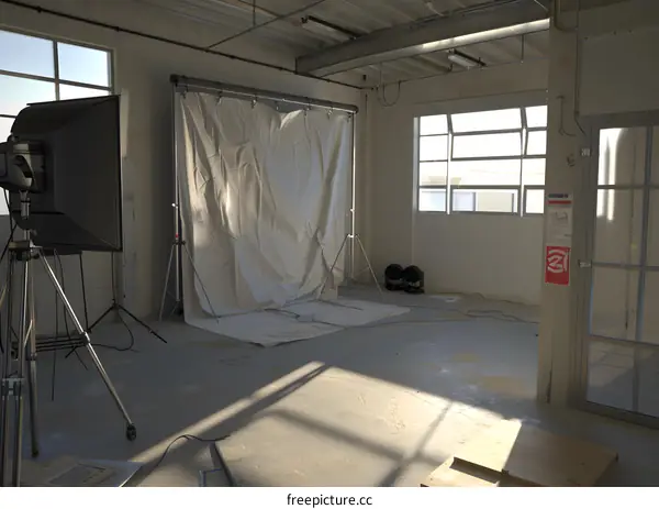 Empty Photography Studio with White Backdrop and Lighting Equipment