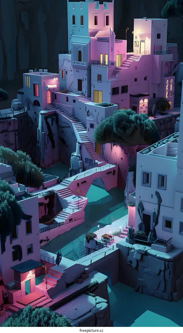 Digital Art Illustration of a Surreal City with Buildings and Bridges