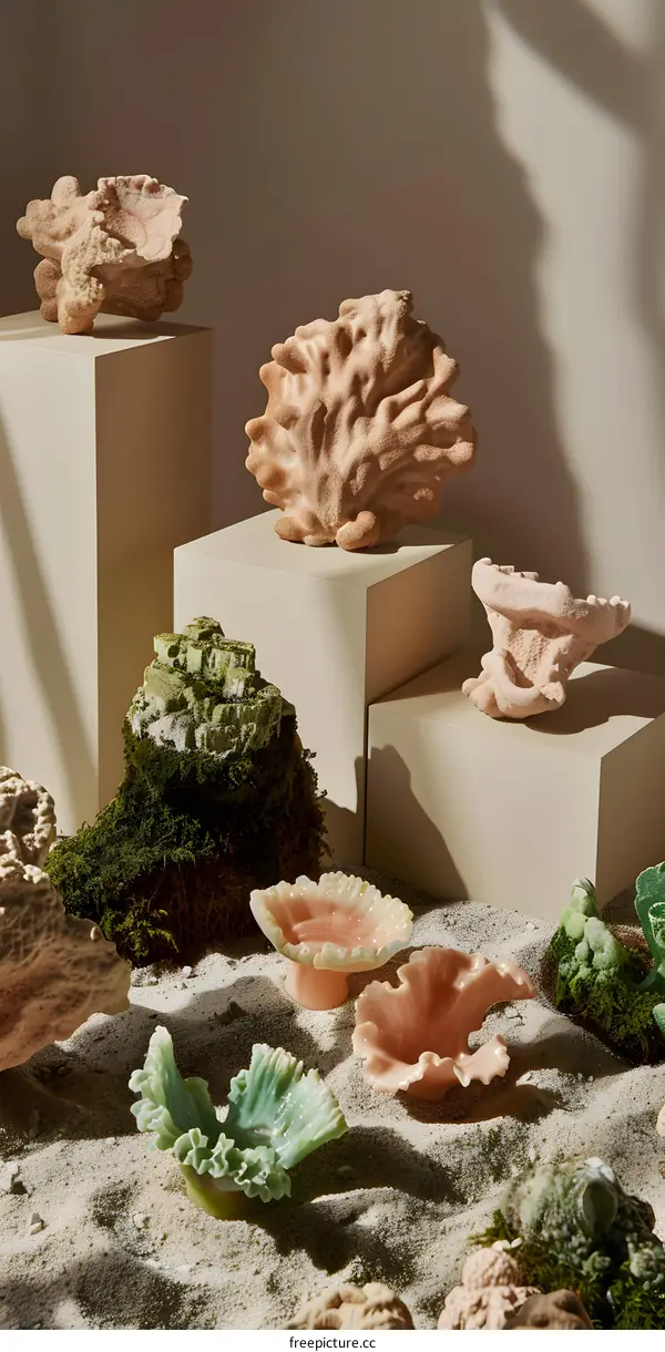 Coral Sculptures on Sand with Light