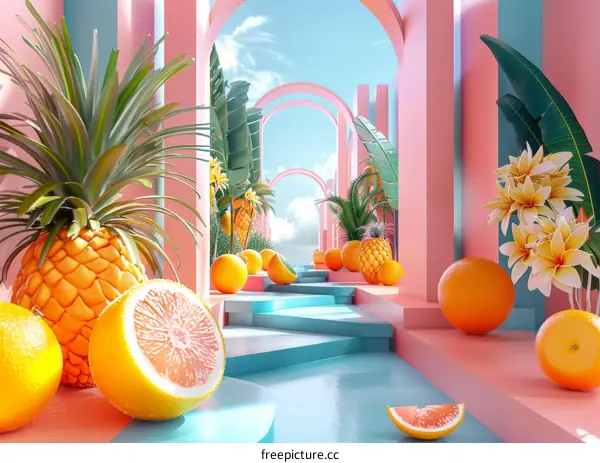 Colorful Tropical Fruit Display in a Modern Archway