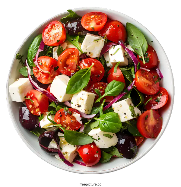 [Transparent Background PNG]Top view of fresh salad with tomatoes, mozzarella cheese, basil and olives in white bowl isolated on white background