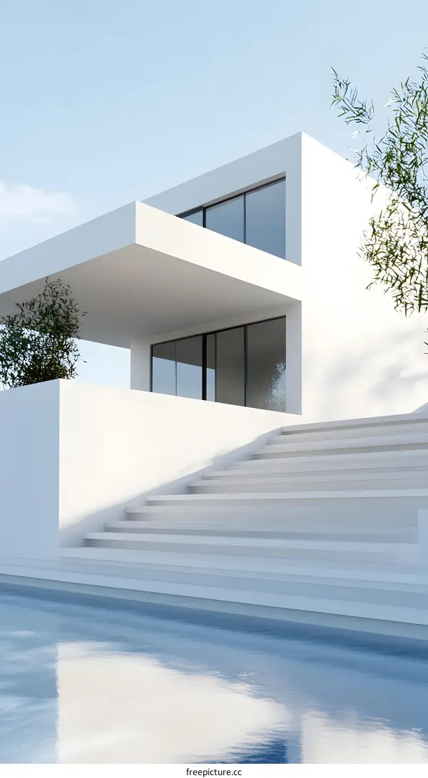 Modern Minimalist White House with Swimming Pool and Stairs