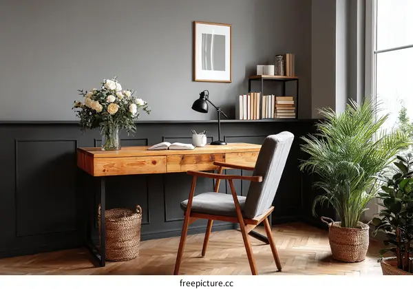 Modern Home Office with Wooden Desk and Plants