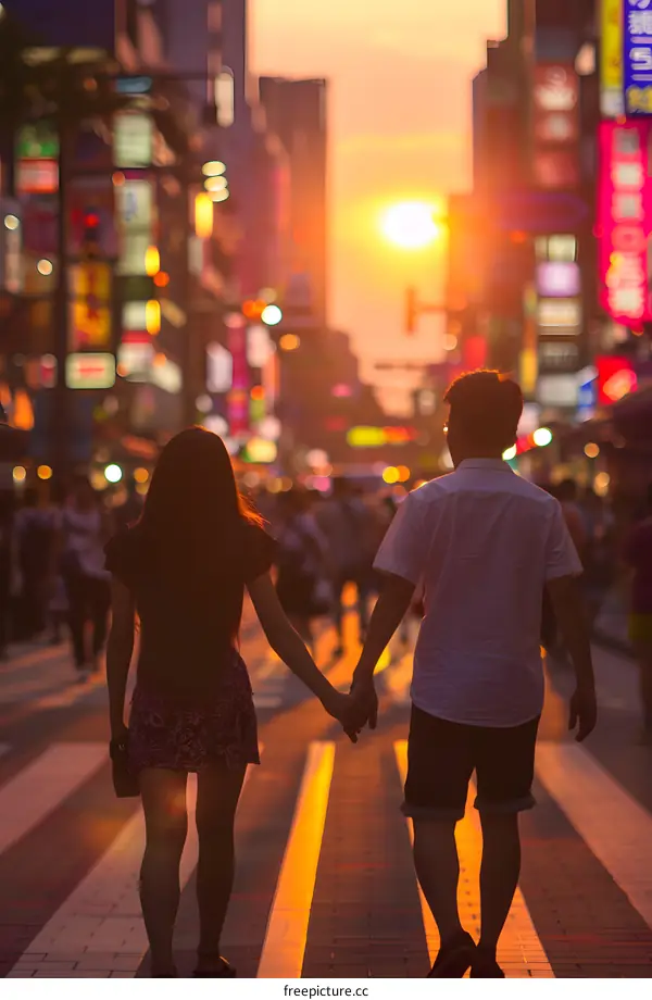 Couple Walking Hand in Hand on a City Street at Sunset