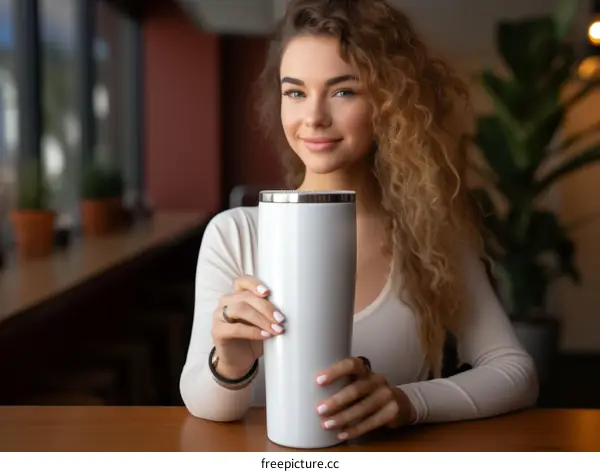Curly Blonde Woman Holding a White Tumbler