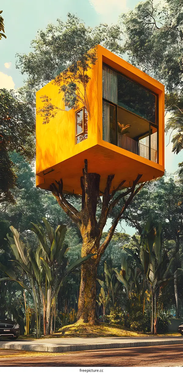 Yellow Treehouse in a Tropical Forest