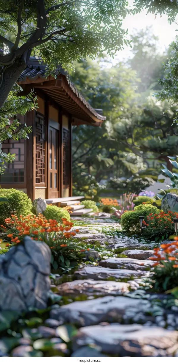 Tranquil Asian Garden Pavilion Landscape