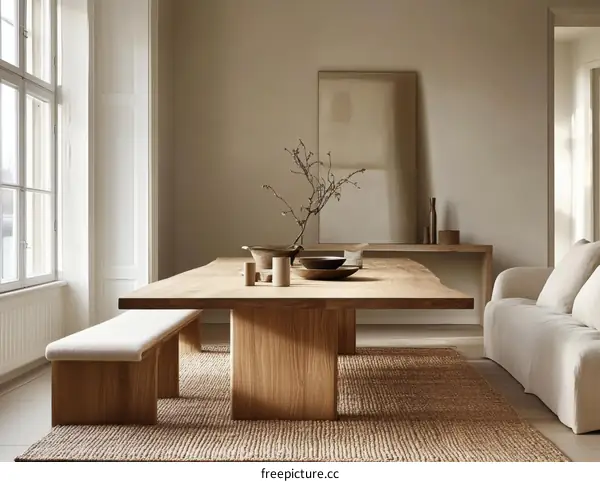 Modern Minimalist Dining Room with Wooden Table and Benches