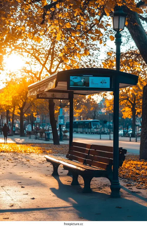 Empty Park Bench Under Autumn Trees