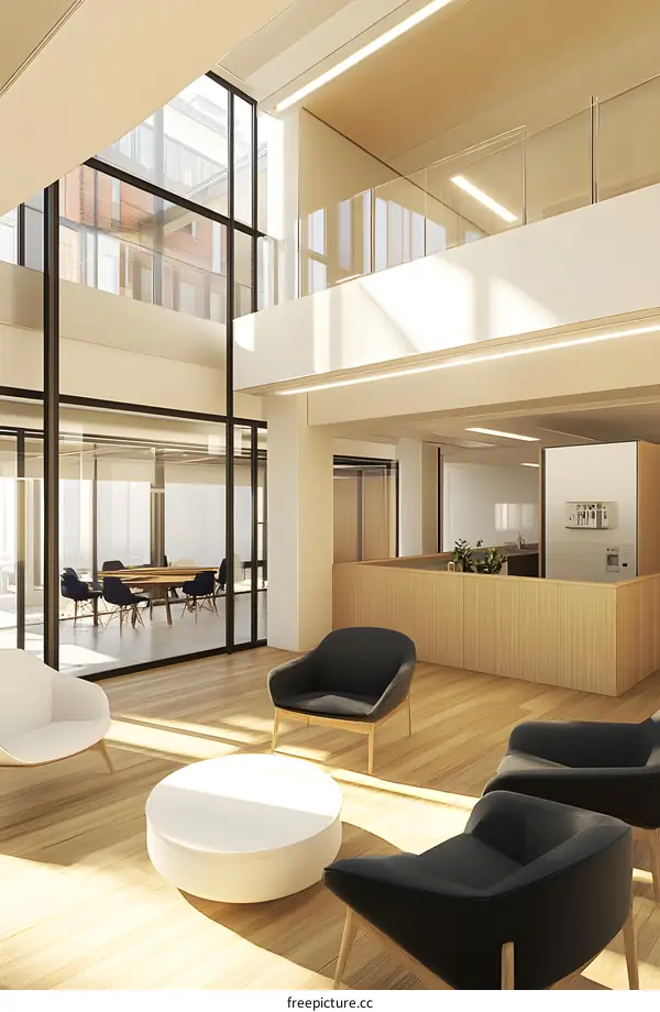 Modern Minimalist Lobby Interior Design with Large Windows and Wooden Furniture