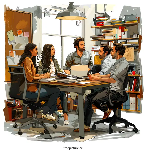 A group of people are sitting around a table having a meeting