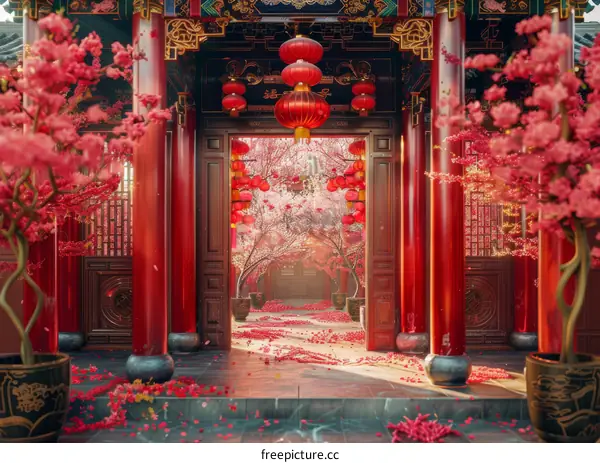 Chinese courtyard with red lanterns and pink flowers