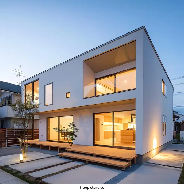 Modern Minimalist Two Story House with Wooden Deck