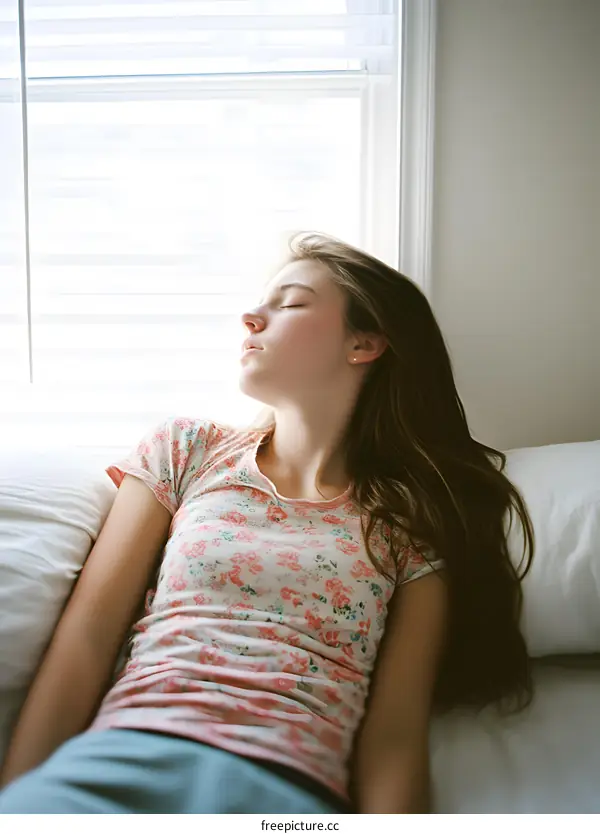 Young Woman Resting on a Bed Near a Window