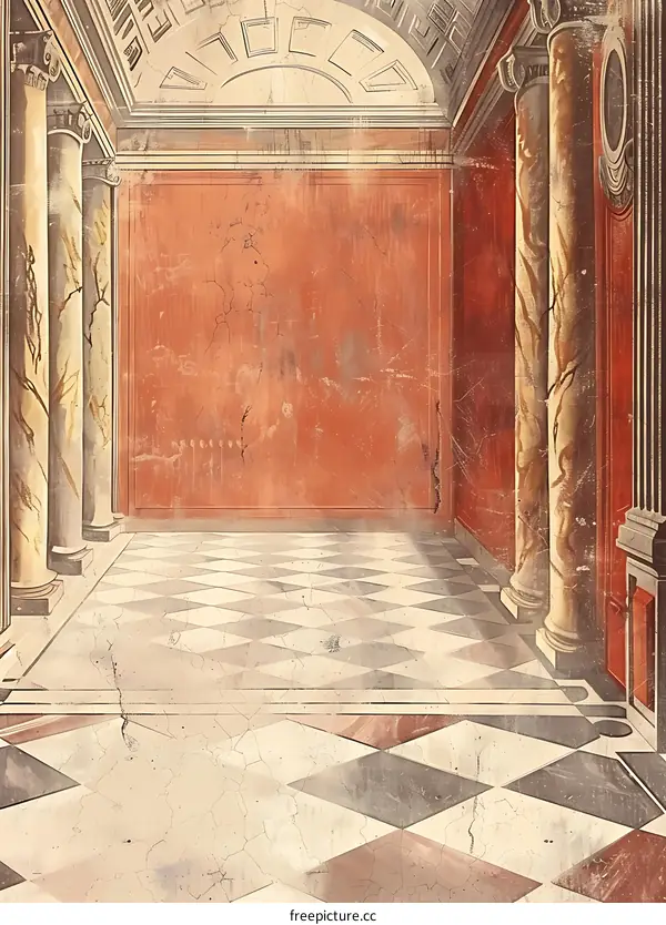 Antique Roman Hallway Interior with Columns and Checkerboard Floor