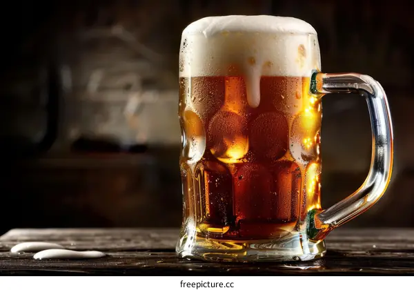 A close-up image of a mug of beer on a wooden table