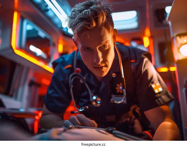 paramedic treating patient in ambulance