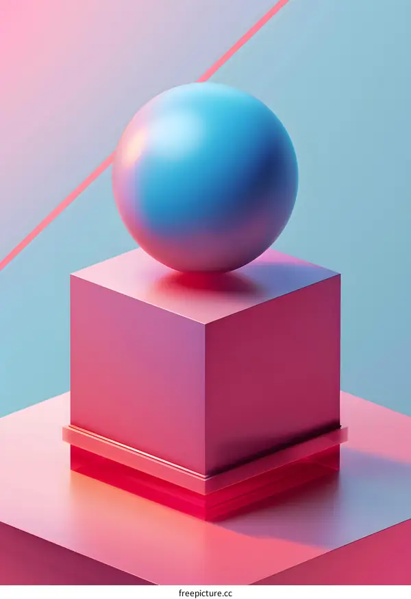Blue sphere on a pink podium against a pink and blue background