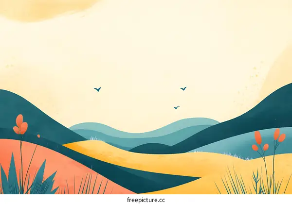 Abstract Landscape Illustration with Mountains, Hills, and Birds