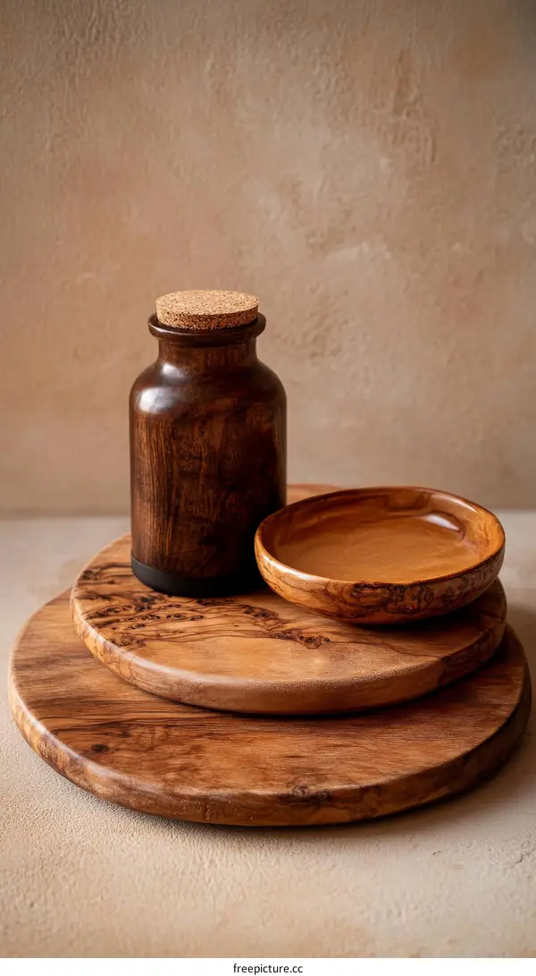 Wooden Serving Set on Beige Background