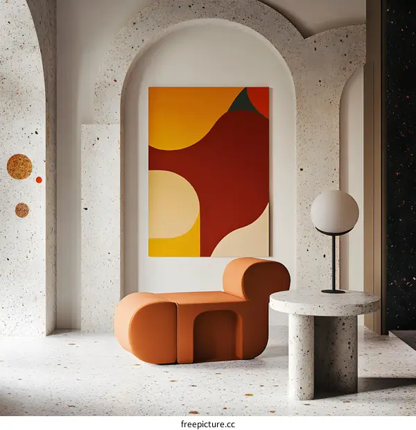 Abstract Art with Terrazzo Floor and Arched Walls