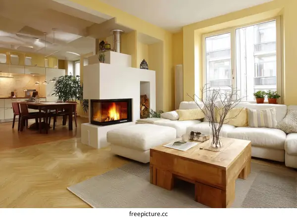 Modern Open-Plan Living Area with Fireplace