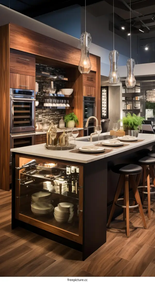 Modern kitchen island with dark wood cabinets and white marble countertops