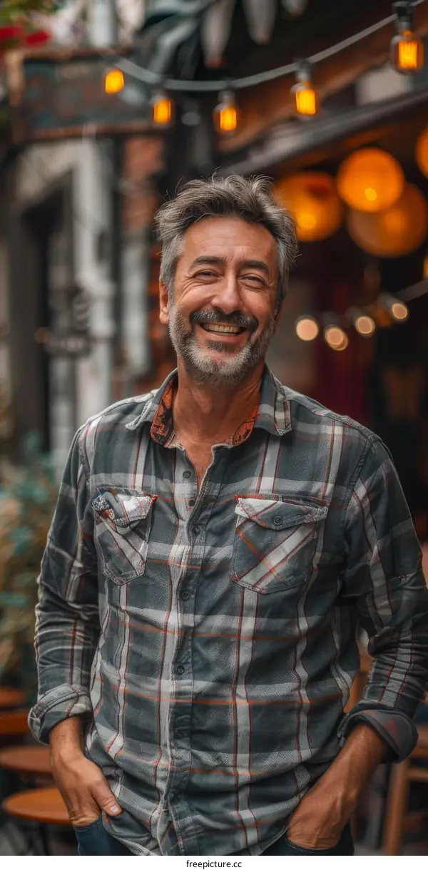 Smiling Man in a Plaid Shirt Outdoors