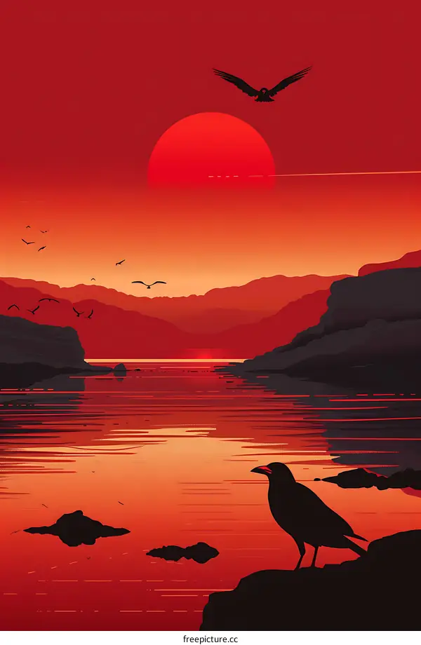 Sunset Landscape With Crow On A Cliff