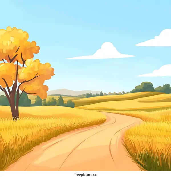 Autumn Landscape With Winding Road And Golden Field