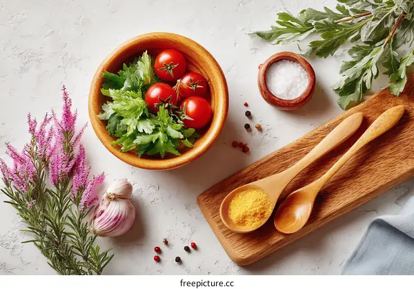 Wooden Bowl with Fresh Vegetables and Spices